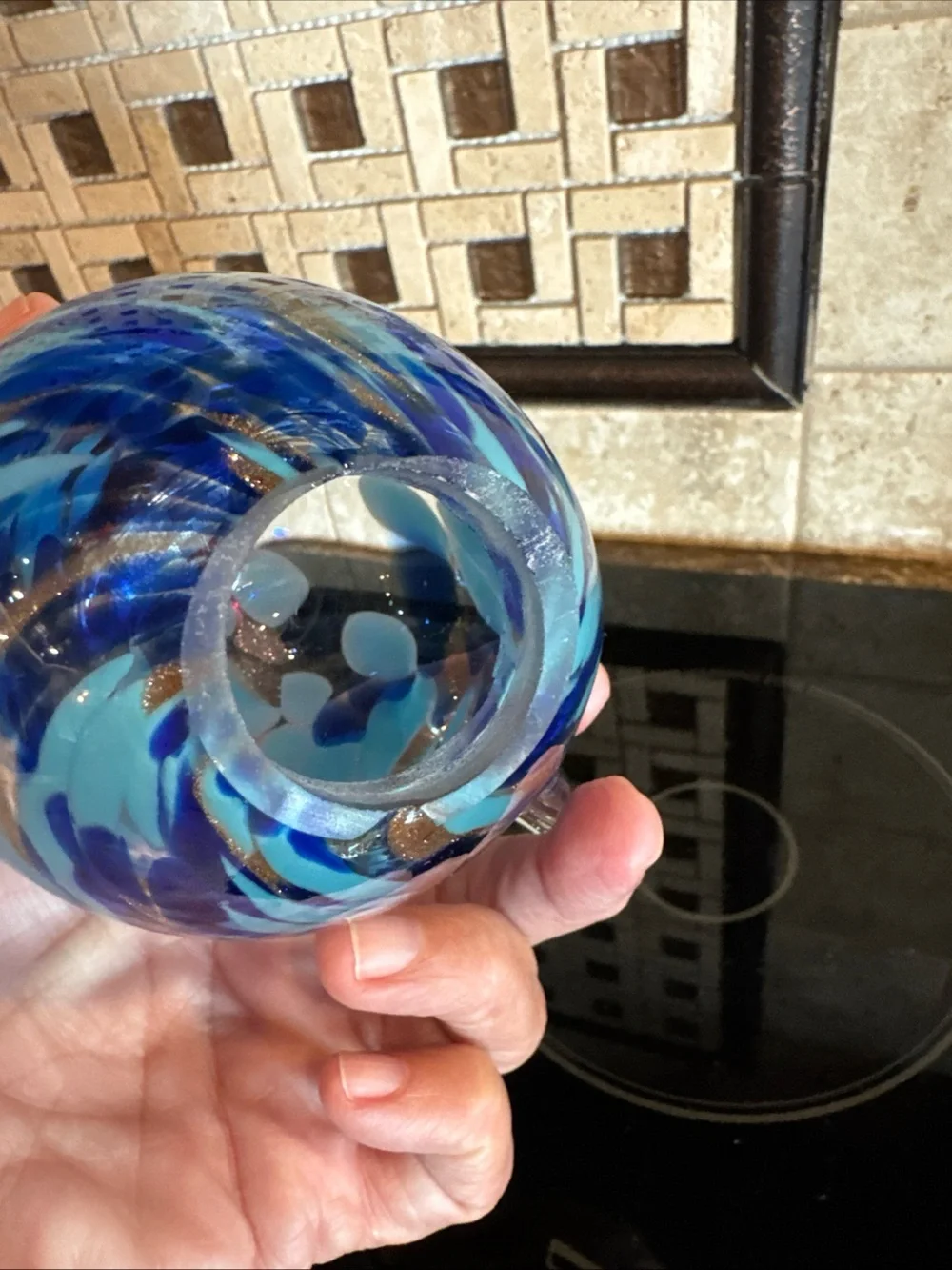 HQT Hand Made Art Glass Beautiful Blues and Gold Chicken / Rooster, 4 1/2